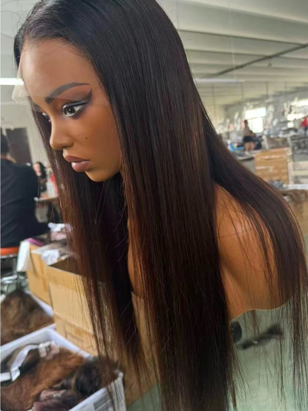 Sleek Long Straight Human Hair Wig - Dark Brown